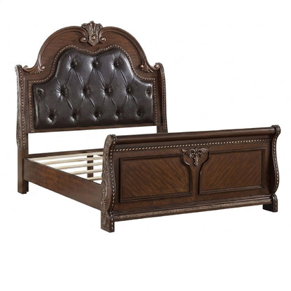 Bed &amp; Carved Padded And Button Tufted Headboard