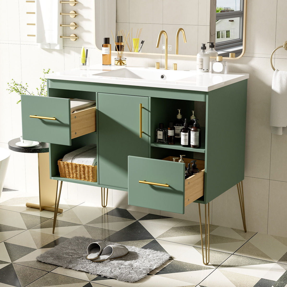 Bathroom Vanity With Resin Sink Combo Set, Modern Freestanding Single Bathroom Cabinet With 2 Drawers &amp; 2 Storage Compartments, Storage Cabinet For Bathroom, Frame Vanity Set - Green