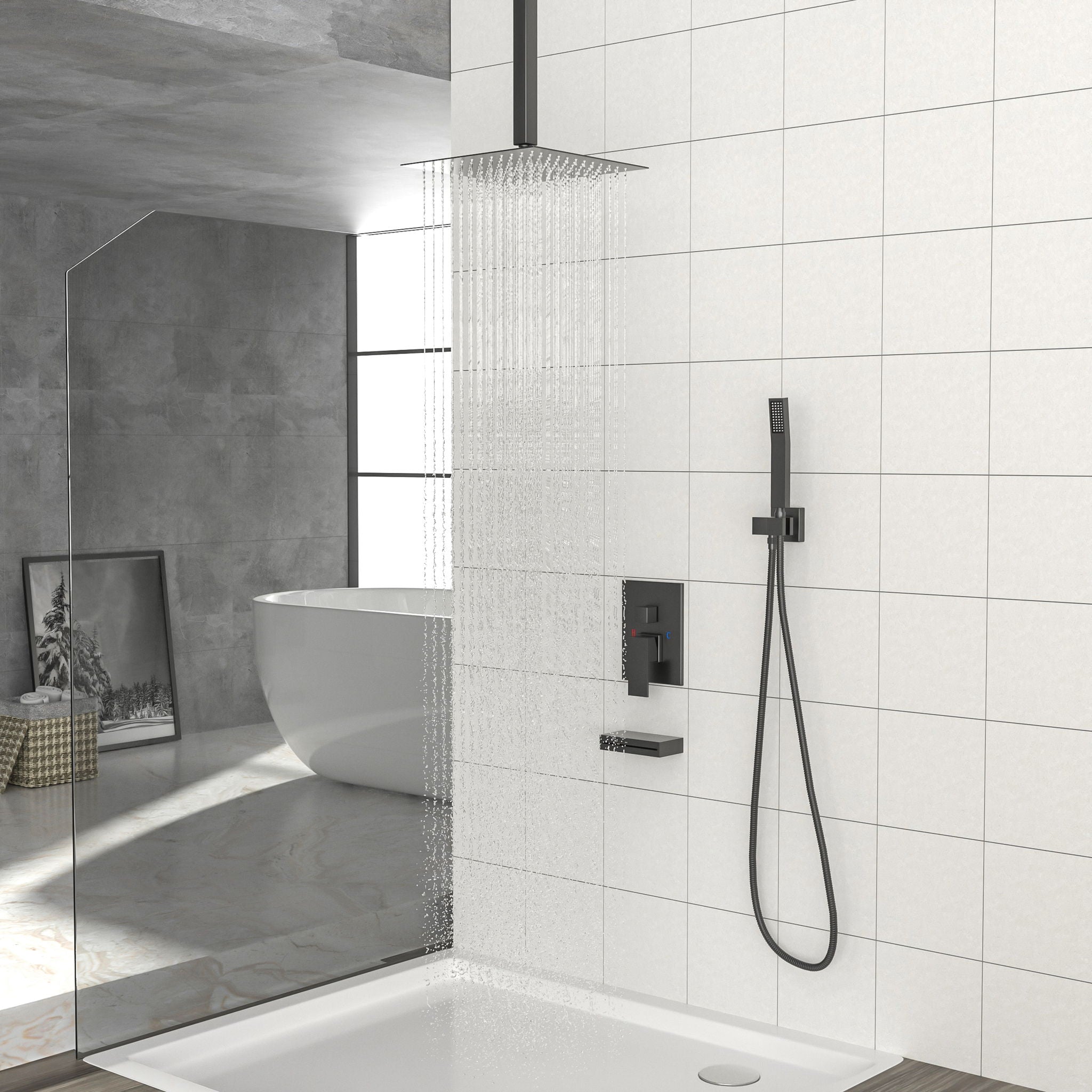 12&quot; Ceiling Mount Shower System With Waterfall Tub Spout And Rough In Valve - Matte Black