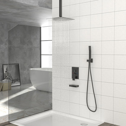 12&quot; Ceiling Mount Shower System With Waterfall Tub Spout And Rough In Valve - Matte Black