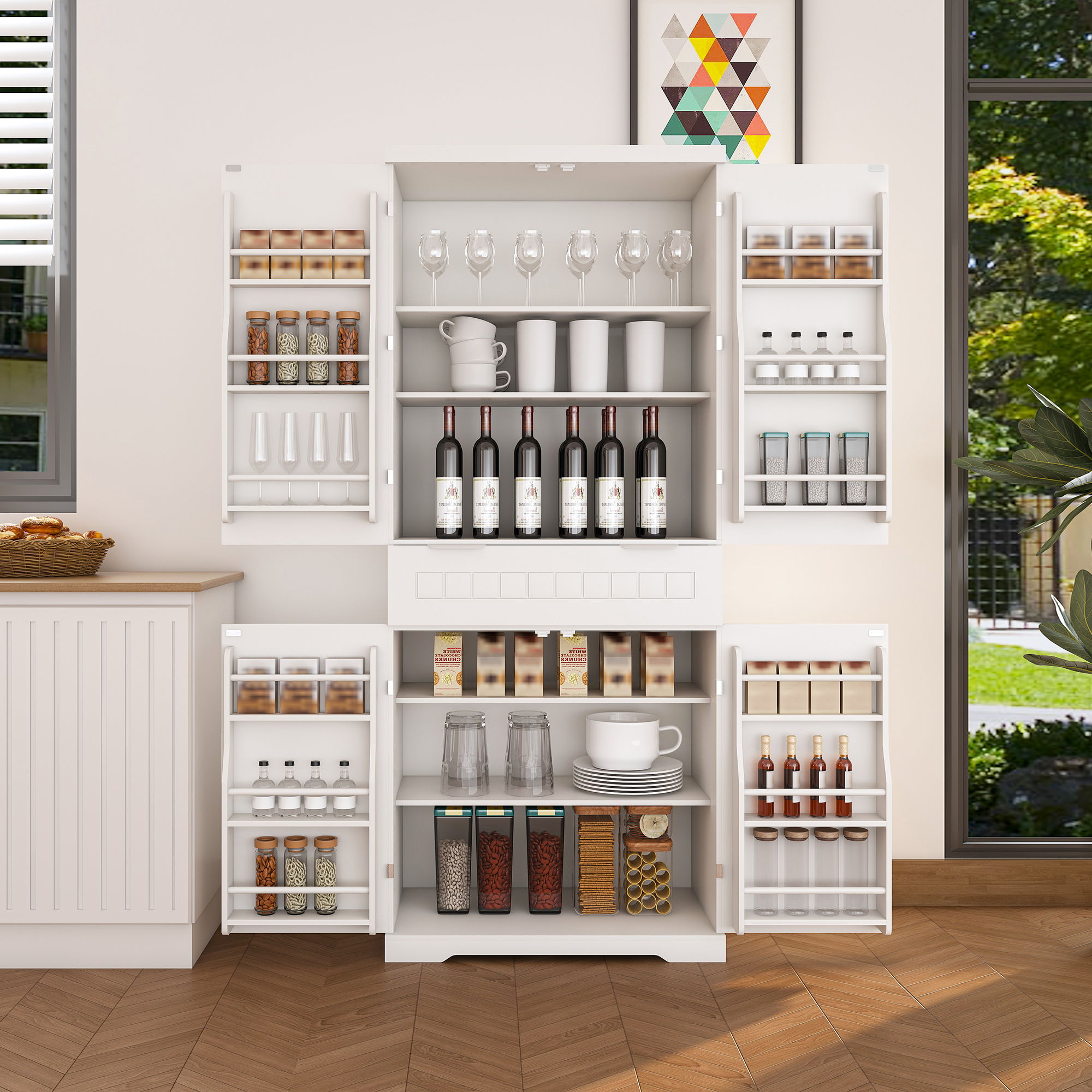 Farmhouse Style Pantry Cabinet With Drawer 2 Cabinets &amp; 6 Door Shelves Adjustable Shelves Freestanding Cupboard - White
