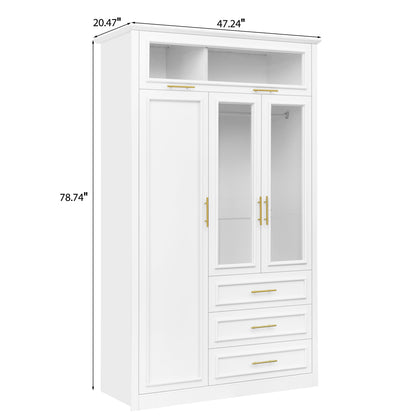 3 Door Wardrobe Armoire With LED Lighting And 3 Drawers - White