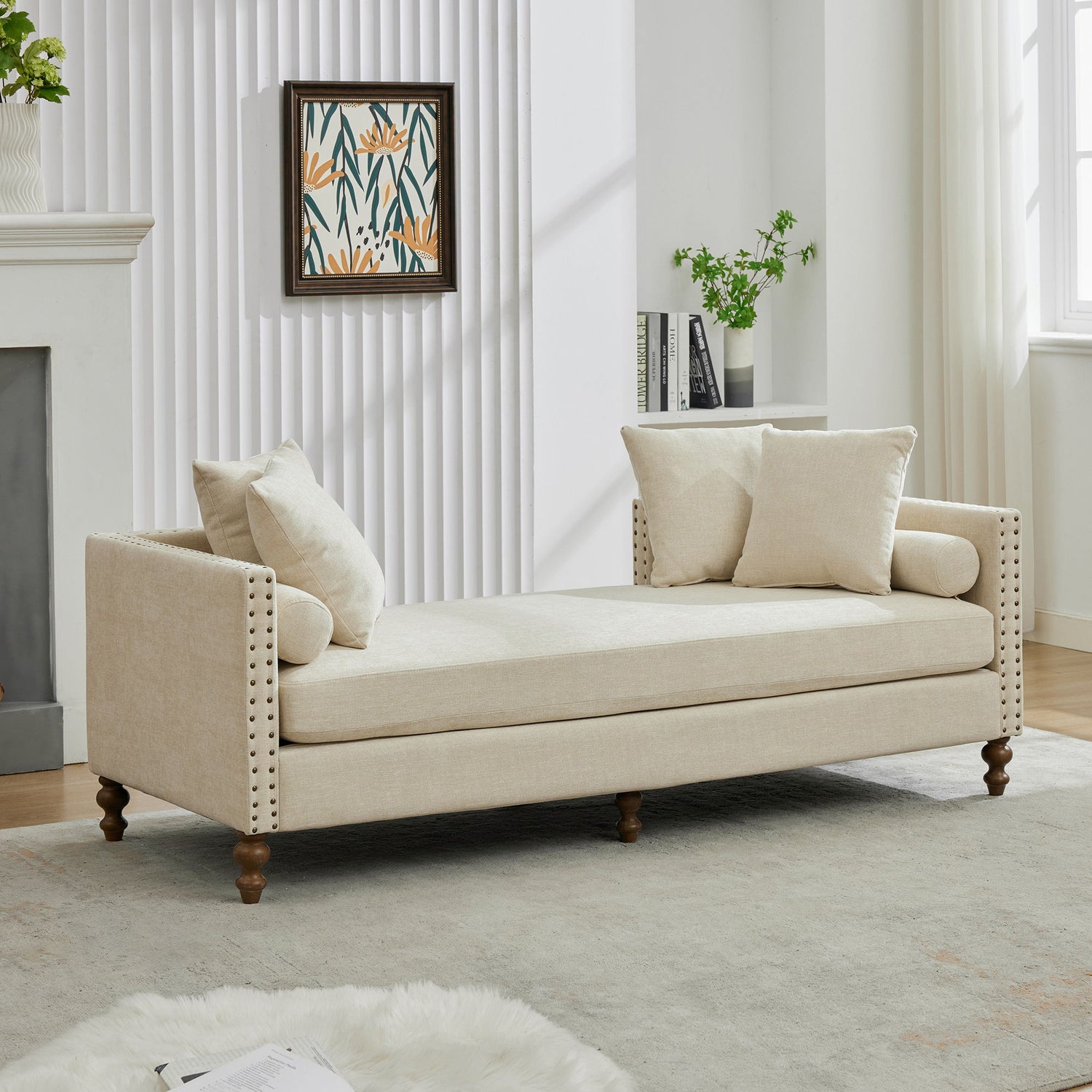 Upholstered Chaise Lounge Indoor With Nailheads, Sleeper Sofa Couch With 4 Throw Pillows &amp; 2 Bolsters, Daybed With Rubberwood Legs