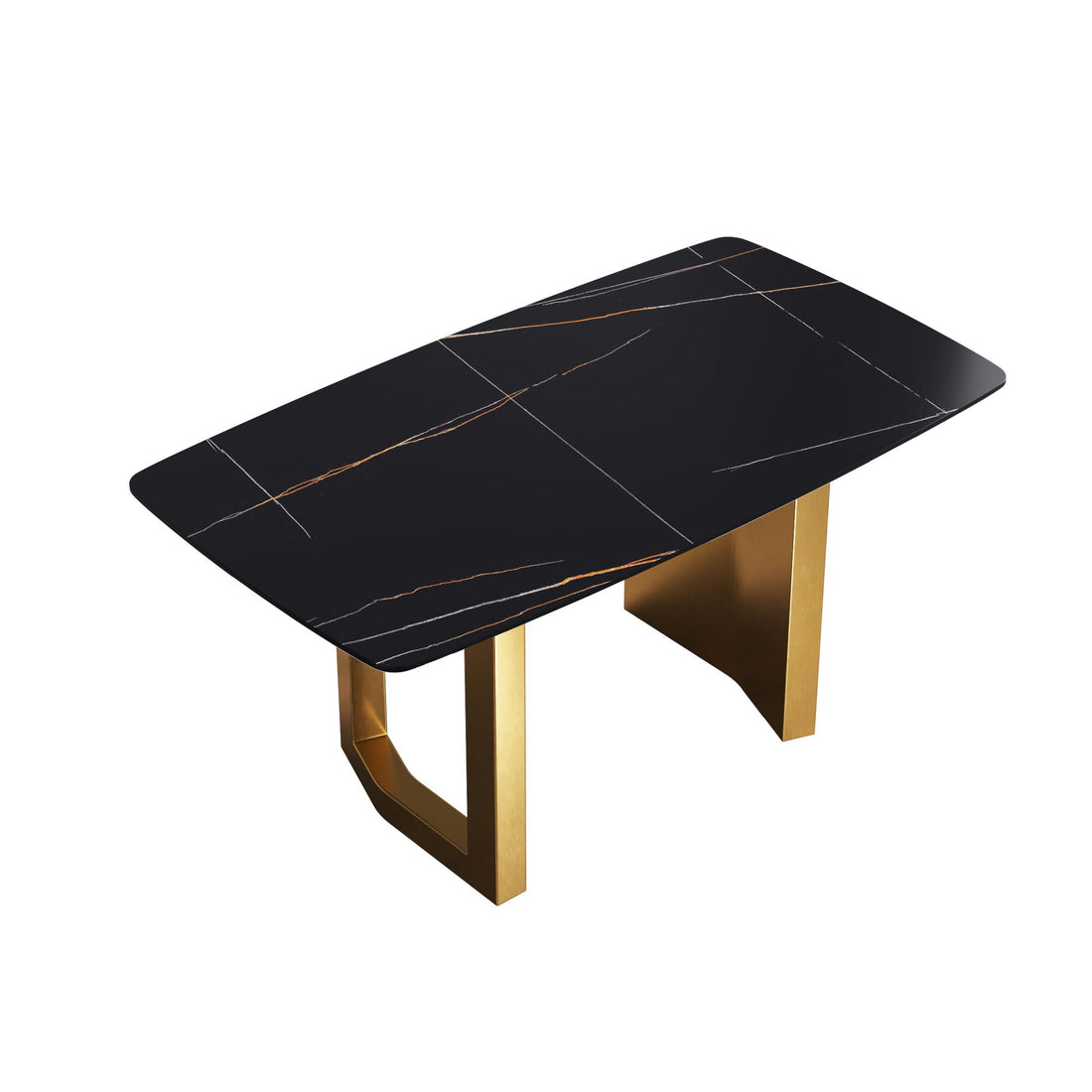 63&quot; Artificial Stone Curved Golden Metal Leg Dining Table, 6 People - Black / Gold