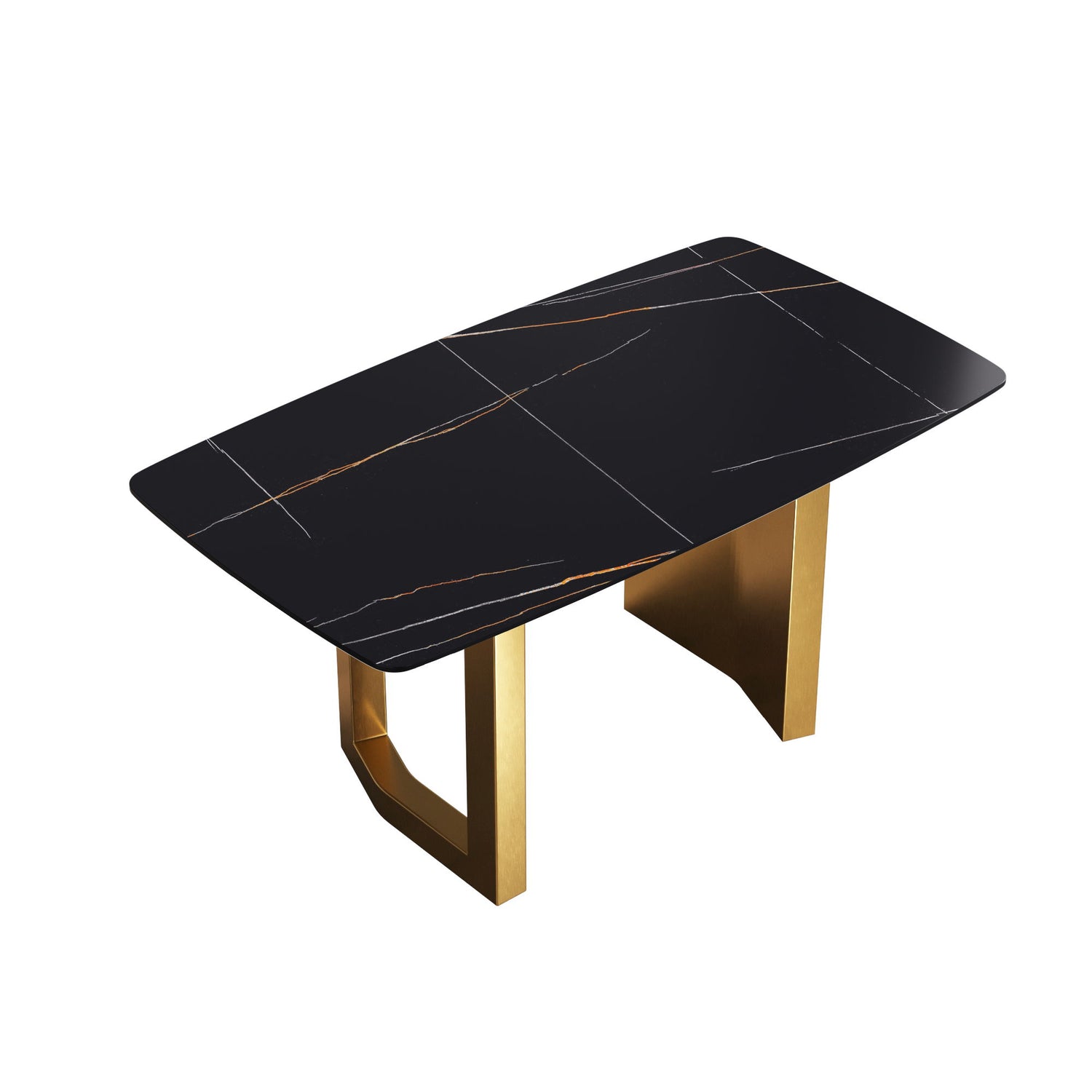 63&quot; Artificial Stone Curved Golden Metal Leg Dining Table, 6 People - Black / Gold