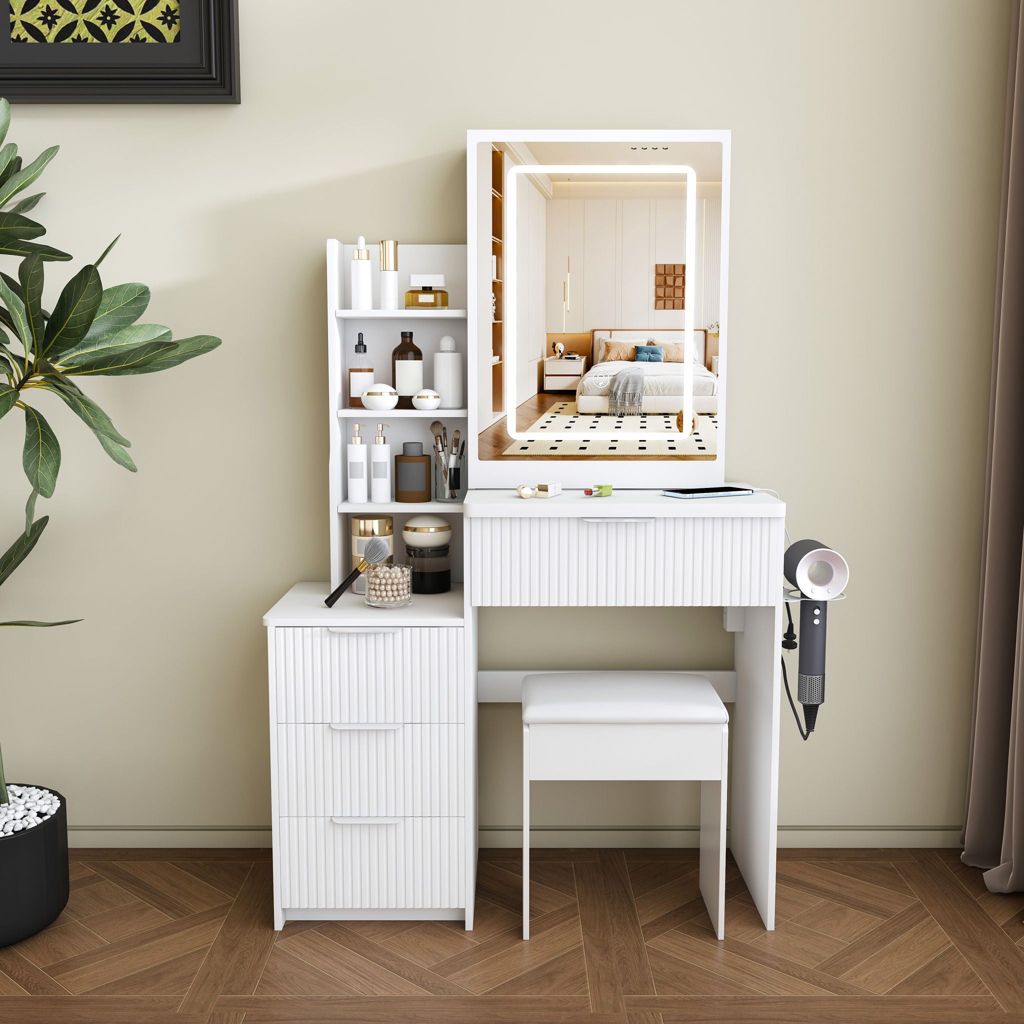 Modern Vanity Desk With 3 LED Lighting Modes, 4 Drawers