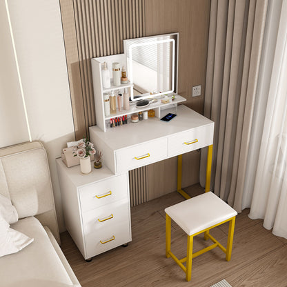 Elegant Makeup Vanity With Led Lights &amp; Power Outlet - White