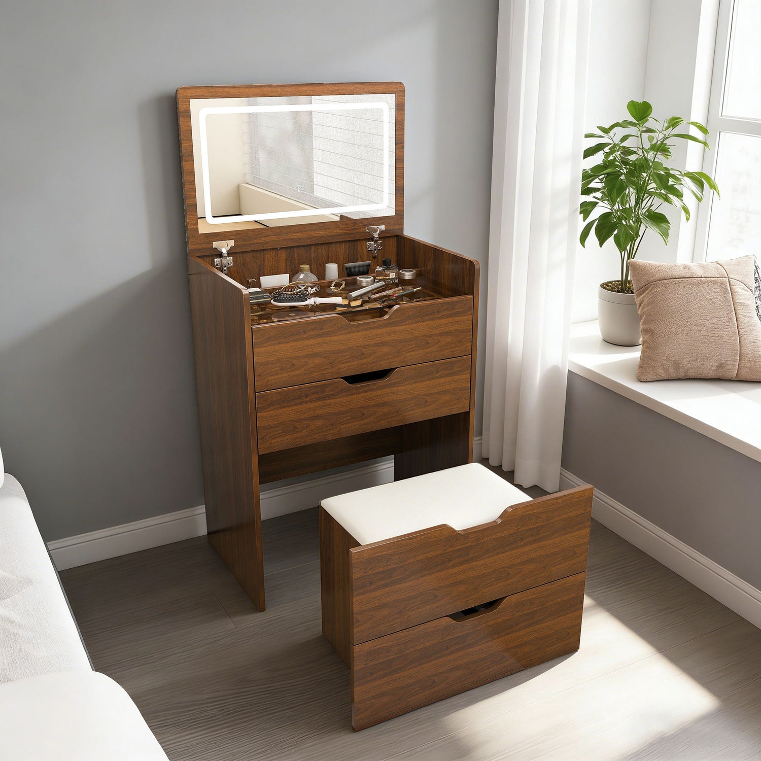 Vanity Desk With Lighted Mirror &amp; Stool