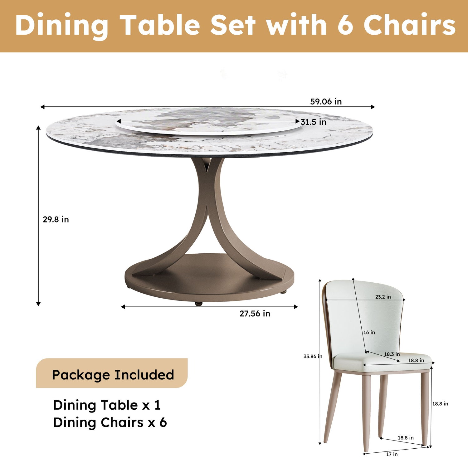 Modern Round Dining Table With 360° Rotating Lazy Susan Scratch &amp; Chairs