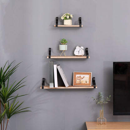 Floating Shelves, Long Wall Shelves (Set of 3), Wall Mounted Shelves &amp; Brackets For Bedroom - Natural Wood