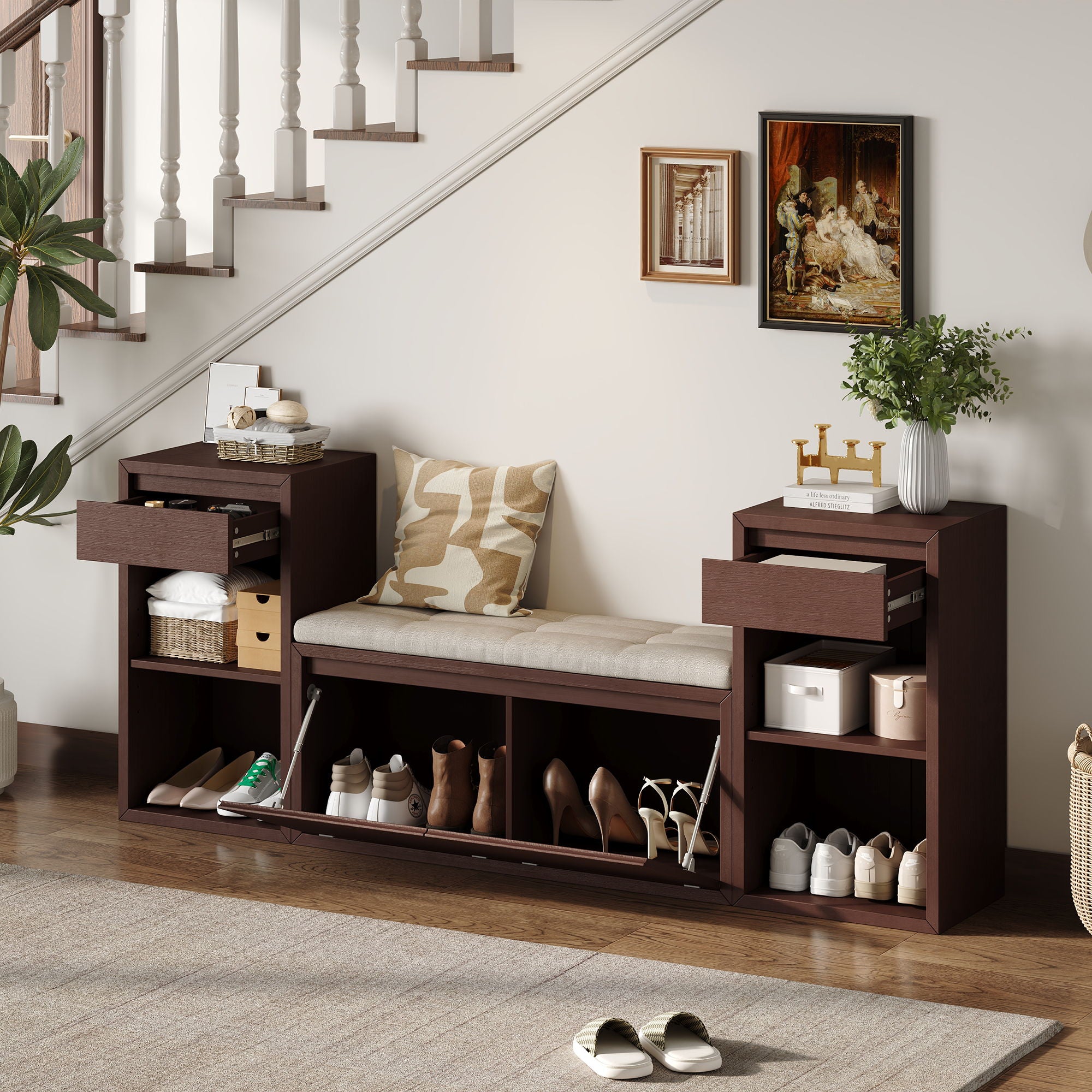 Entryway Storage Bench With Cushion, Drawers &amp; Open Shelves