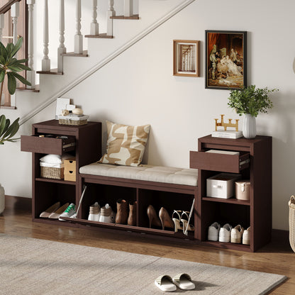 Entryway Storage Bench With Cushion, Drawers &amp; Open Shelves