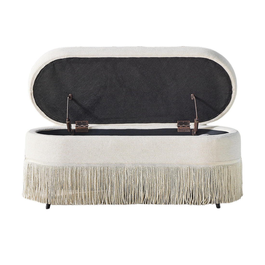 Oval Upholstered Storage Ottoman With Fringe Trim &amp; Lift Top Lid