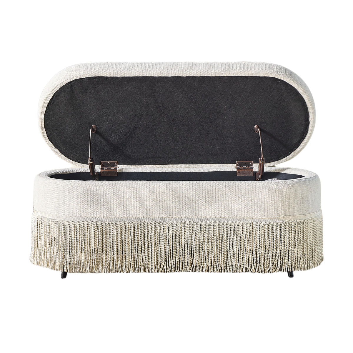 Oval Upholstered Storage Ottoman With Fringe Trim &amp; Lift Top Lid