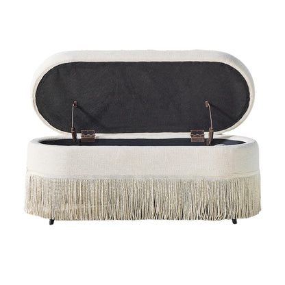 Oval Upholstered Storage Ottoman With Fringe Trim &amp; Lift Top Lid