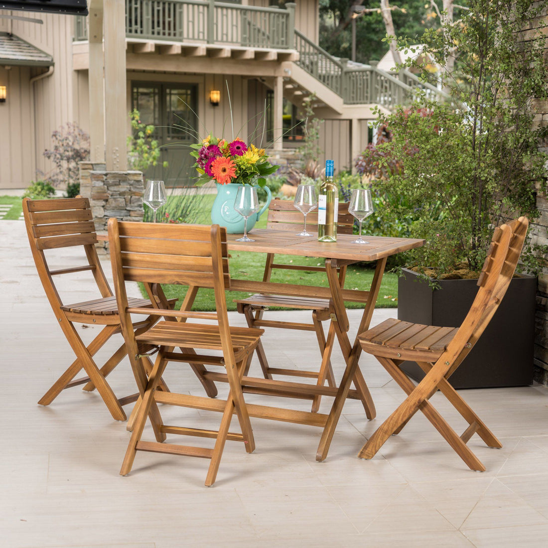 Natural 5 Piece Wood Outdoor Patio Dining Set - Natural Stained