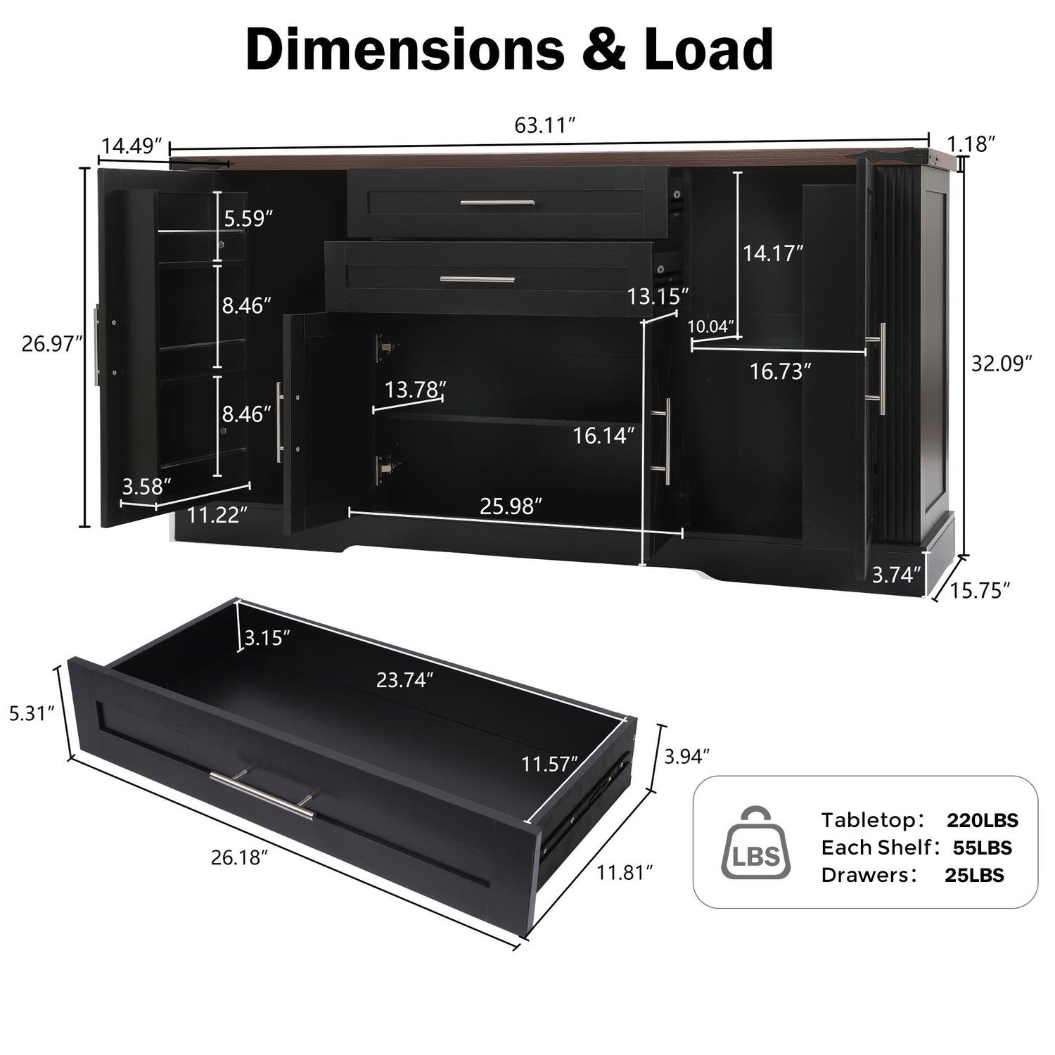 Barn Door Storage Cabinet With 2 Drawers &amp; Door Rack, Adjustable Shelves