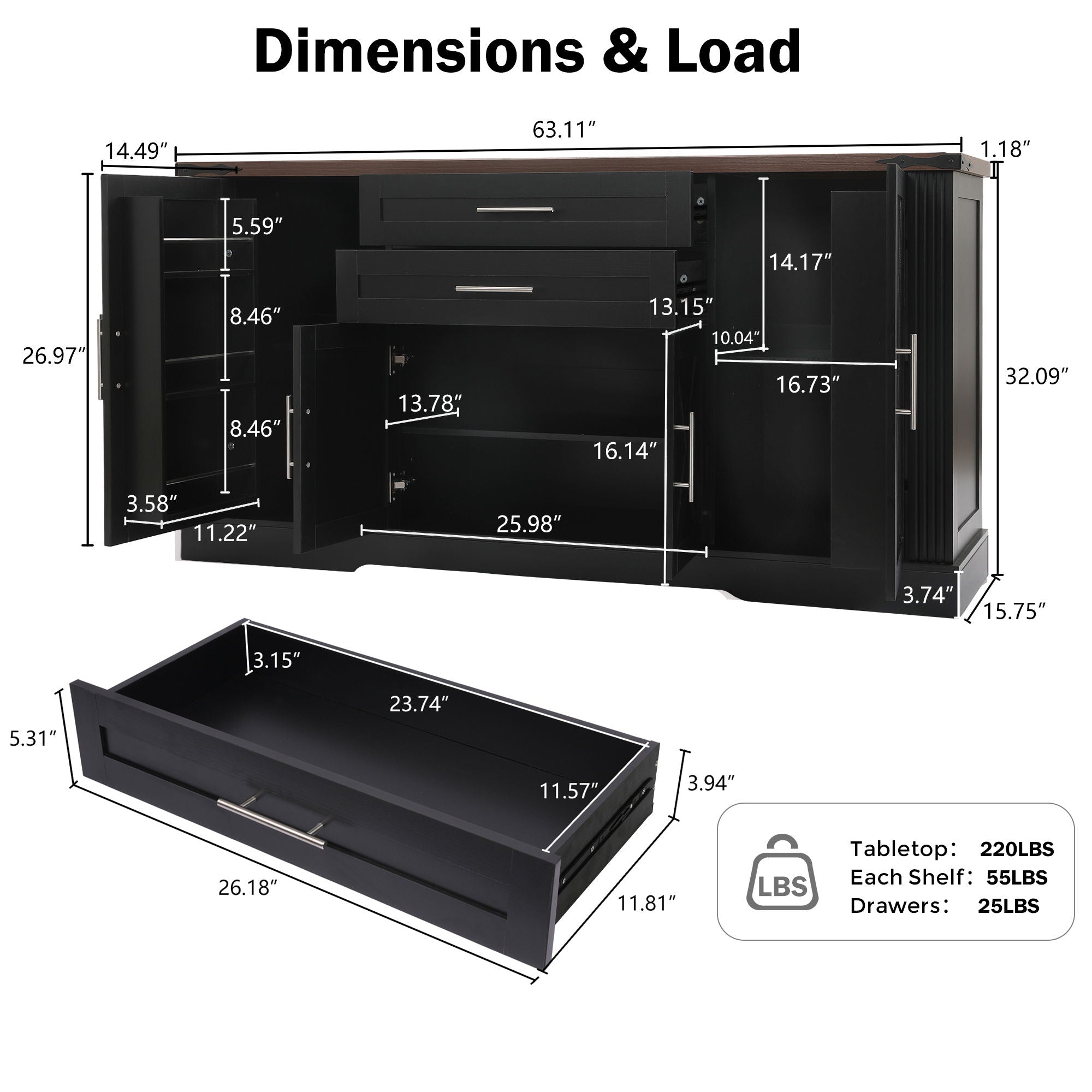 Barn Door Storage Cabinet With 2 Drawers &amp; Door Rack, Adjustable Shelves