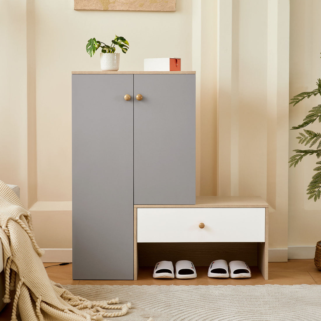 Modern Multi Functional Shoe Storage Bench &amp; Cabinets With Adjustable Shelves - Gray / Natural Wood / White