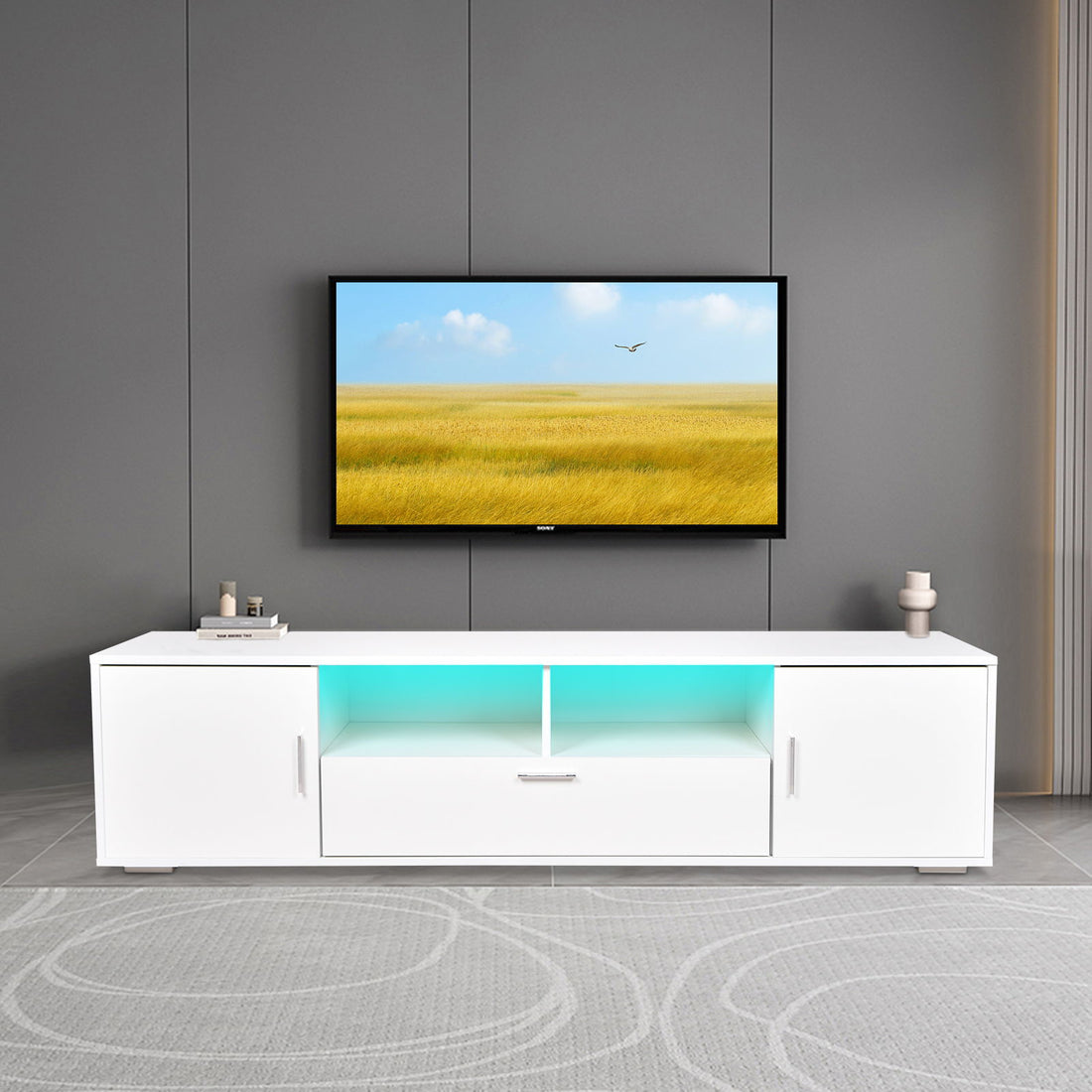 Modern TV Stand With LED Lights Entertainment Center TV Cabinet With Storage For Up To 75&quot; For Gaming Living Room Bedroom - White