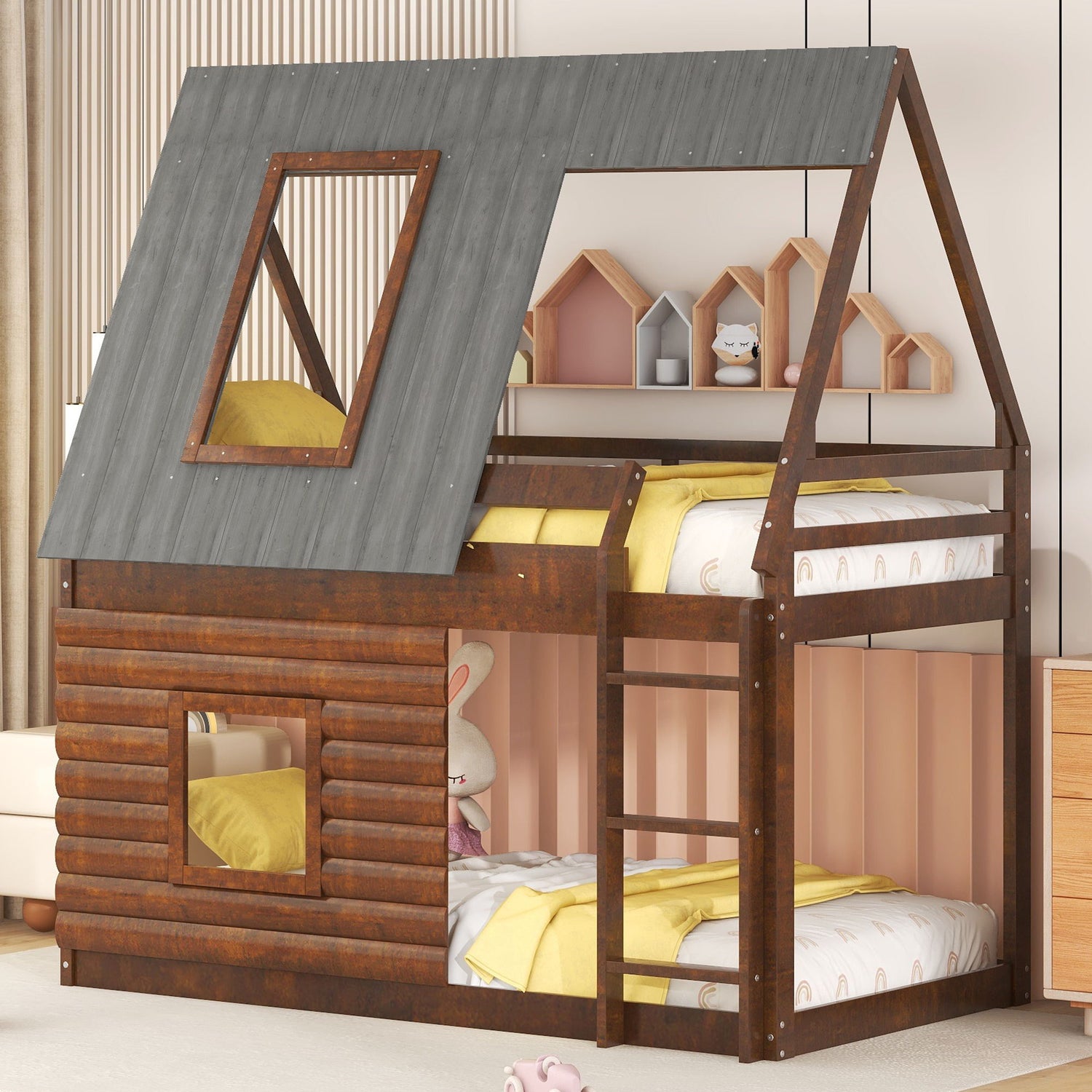 Wood Twin Size House Bunk Bed With Roof, Ladder And 2 Windows - Oak &amp; Smoky Gray