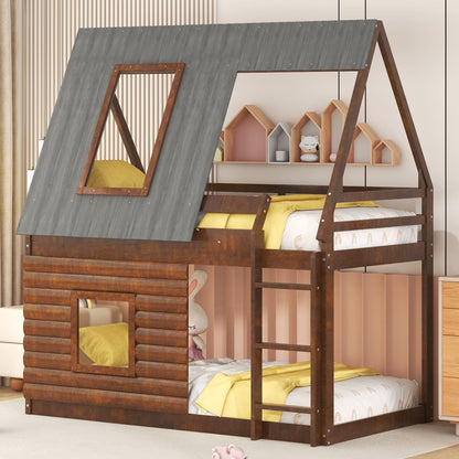 Wood Twin Size House Bunk Bed With Roof, Ladder And 2 Windows - Oak &amp; Smoky Gray