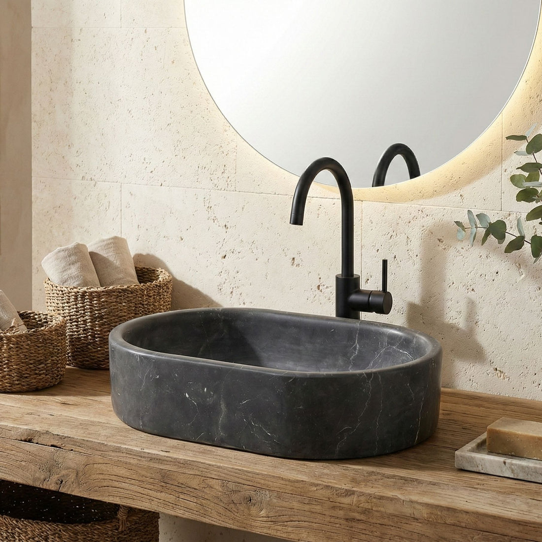 Vessel Sink, Oval Basin, Solid Above-Counter Vanity, Bowl For Master Bathroom - Dark Gray