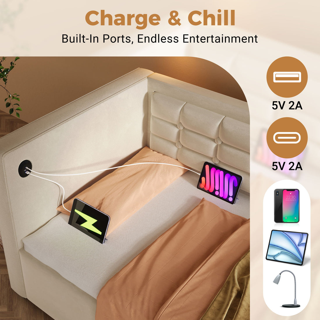 Upholstered Hydraulic Storage Daybed With USB &amp; Type C Charging