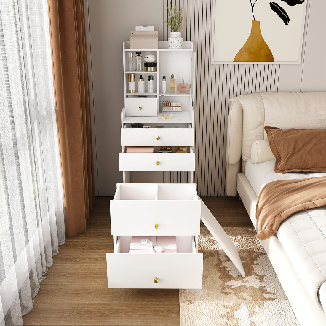 3 In 1 Dressing Table With LED Mirror &amp; Storage Stool, Compact Makeup Vanity - White