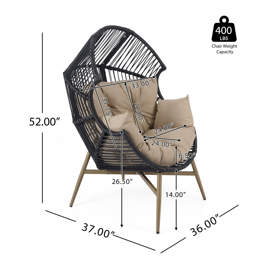 Cori - Outdoor Patio Egg Chair, With Cushion - Black / Khaki