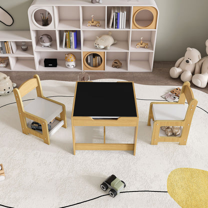 3 In 1 Kids Study Table &amp; Chairs Set Multi Functional Activity Table With Detachable Blackboard Top - Natural Wood