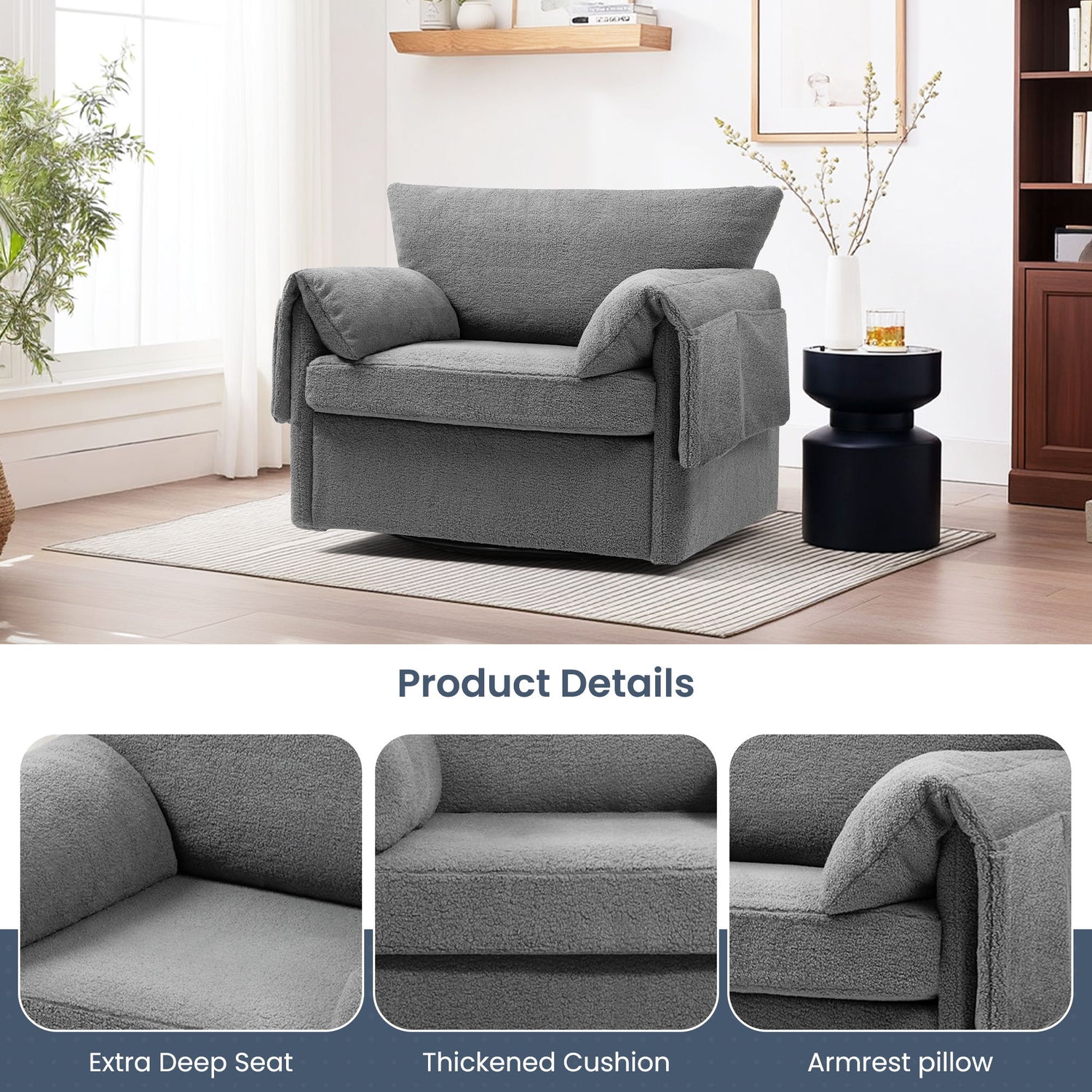 Oversized Swivel Armchair Modern Chair &amp; Single Sofa Lounge, Comfortable Seating For Living Room