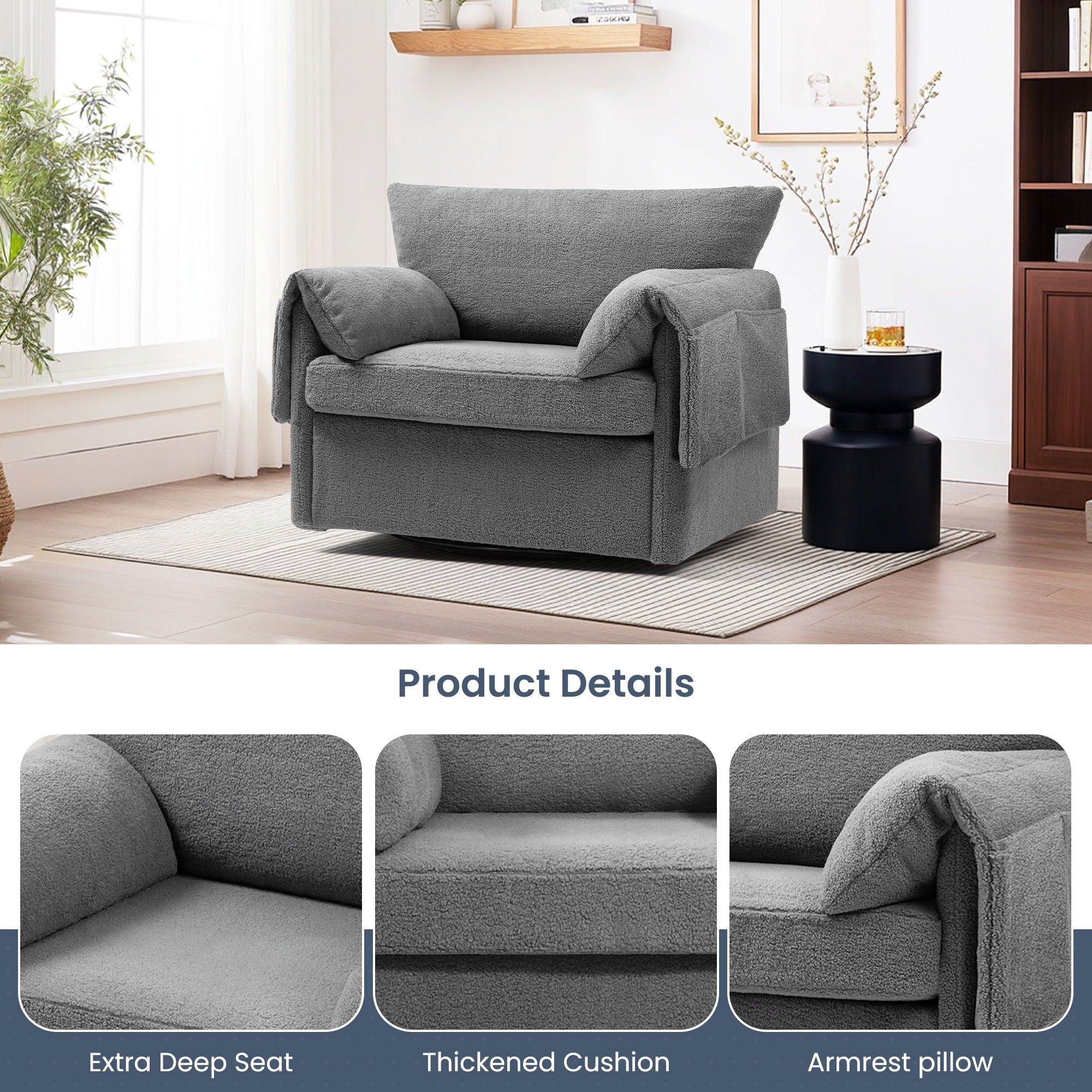 Oversized Swivel Armchair Modern Chair &amp; Single Sofa Lounge, Comfortable Seating For Living Room