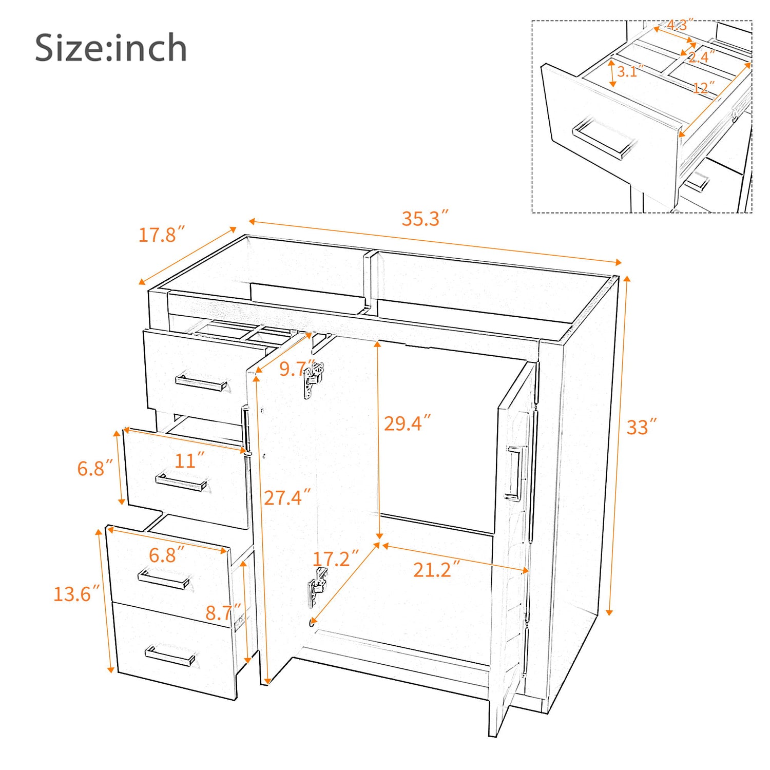 Retro Style Bathroom Vanity, 3 Drawers &amp; Soft Closing Doors