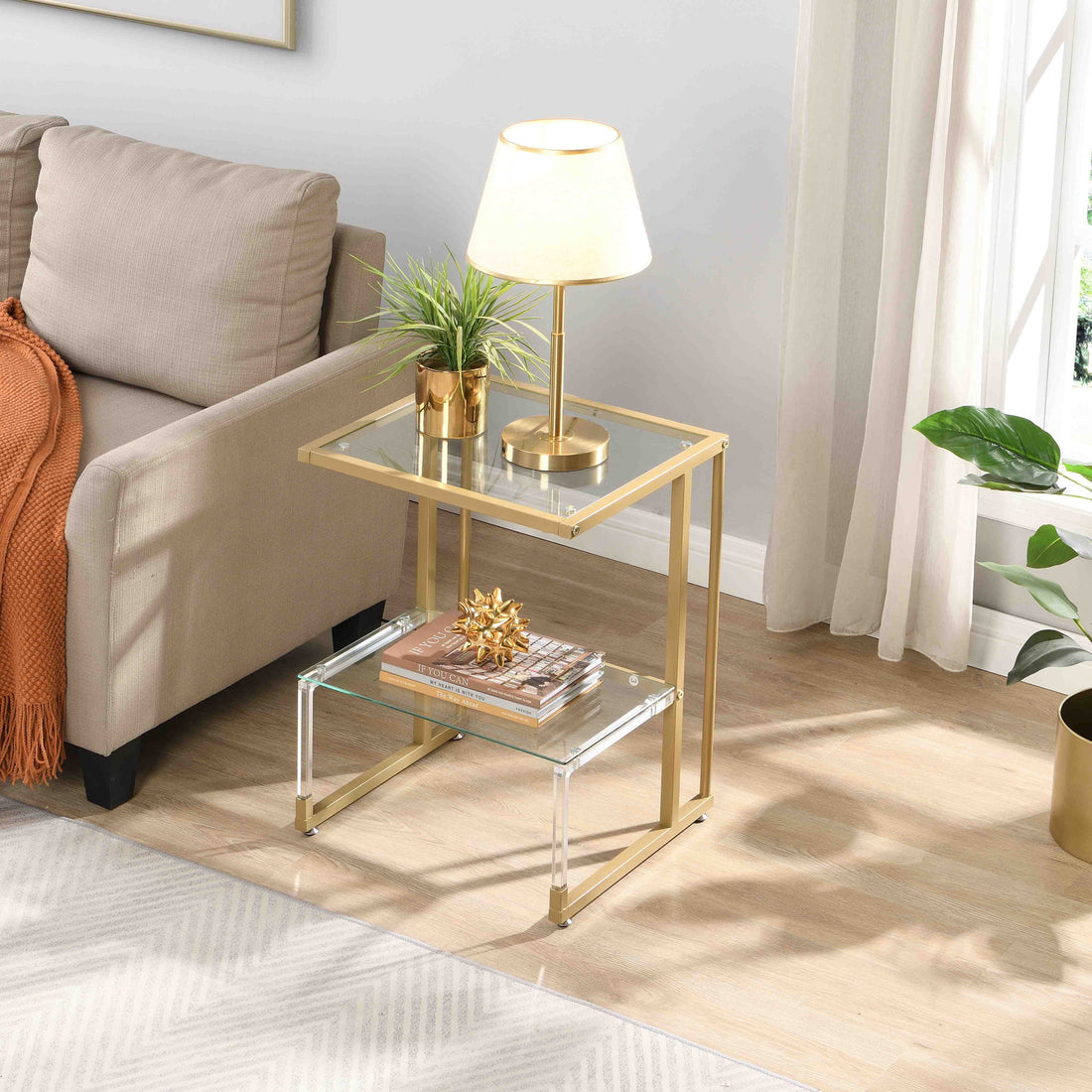 2 Tier Acrylic Glass End Table For Living Room
