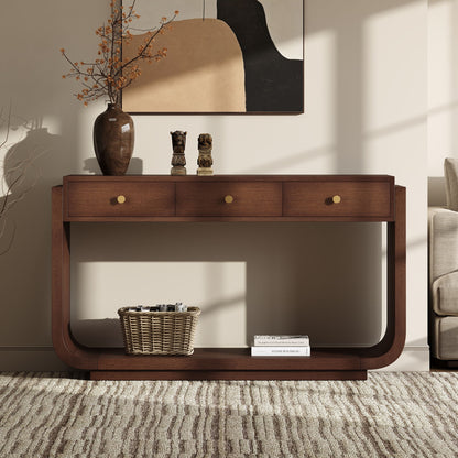 Console Table With 3 Drawers, Display Shelf, Curved Legs - Walnut