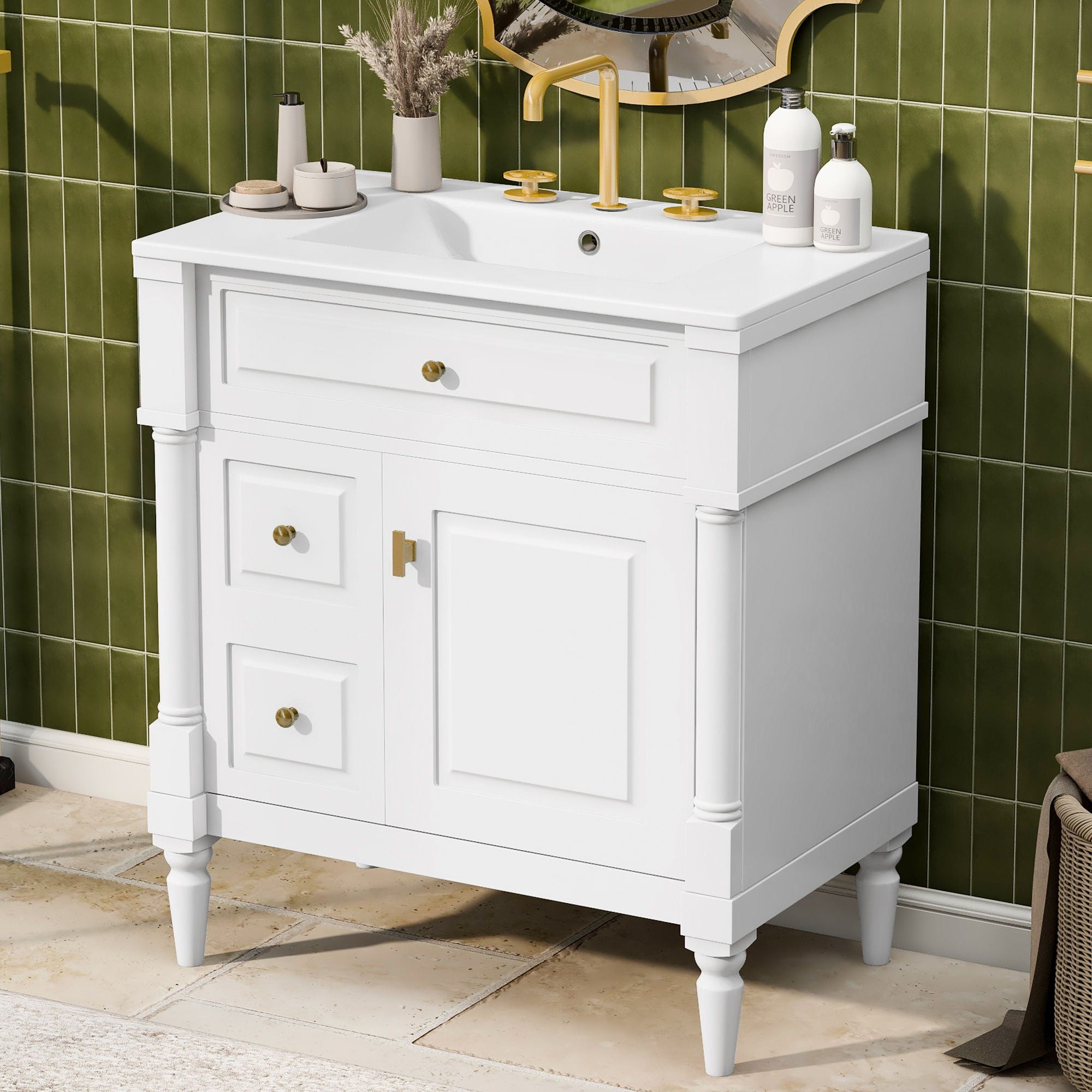 Modern Bathroom Vanity With Sink, Freestanding Cabinet With Flip Drawer &amp; Adjustable Shelf