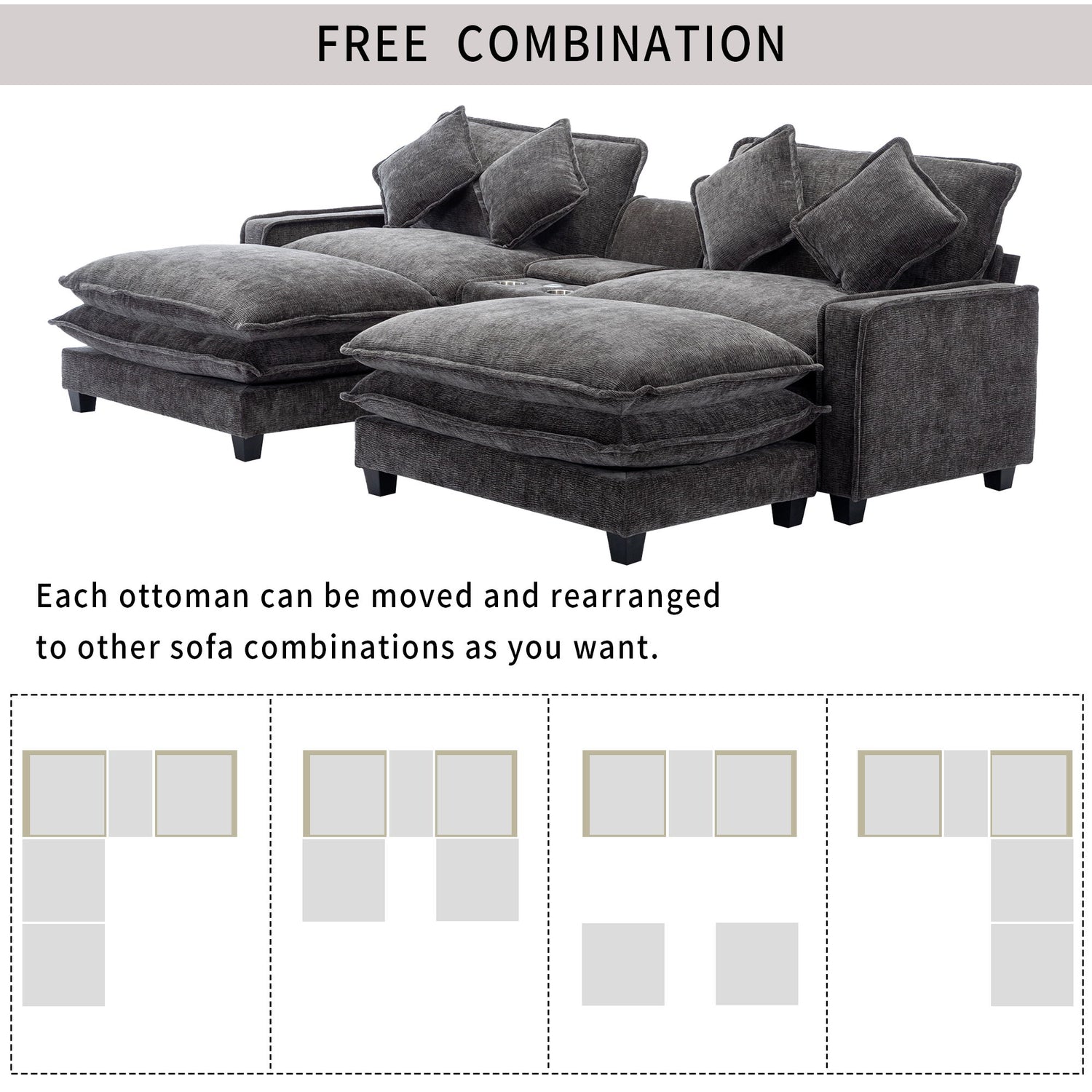Modern Sectional Sofa With Removable Ottomans, USB Ports