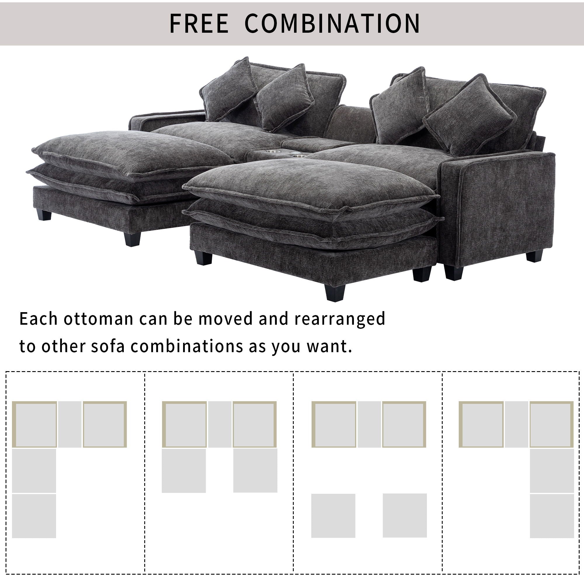 Modern Sectional Sofa With Removable Ottomans, USB Ports