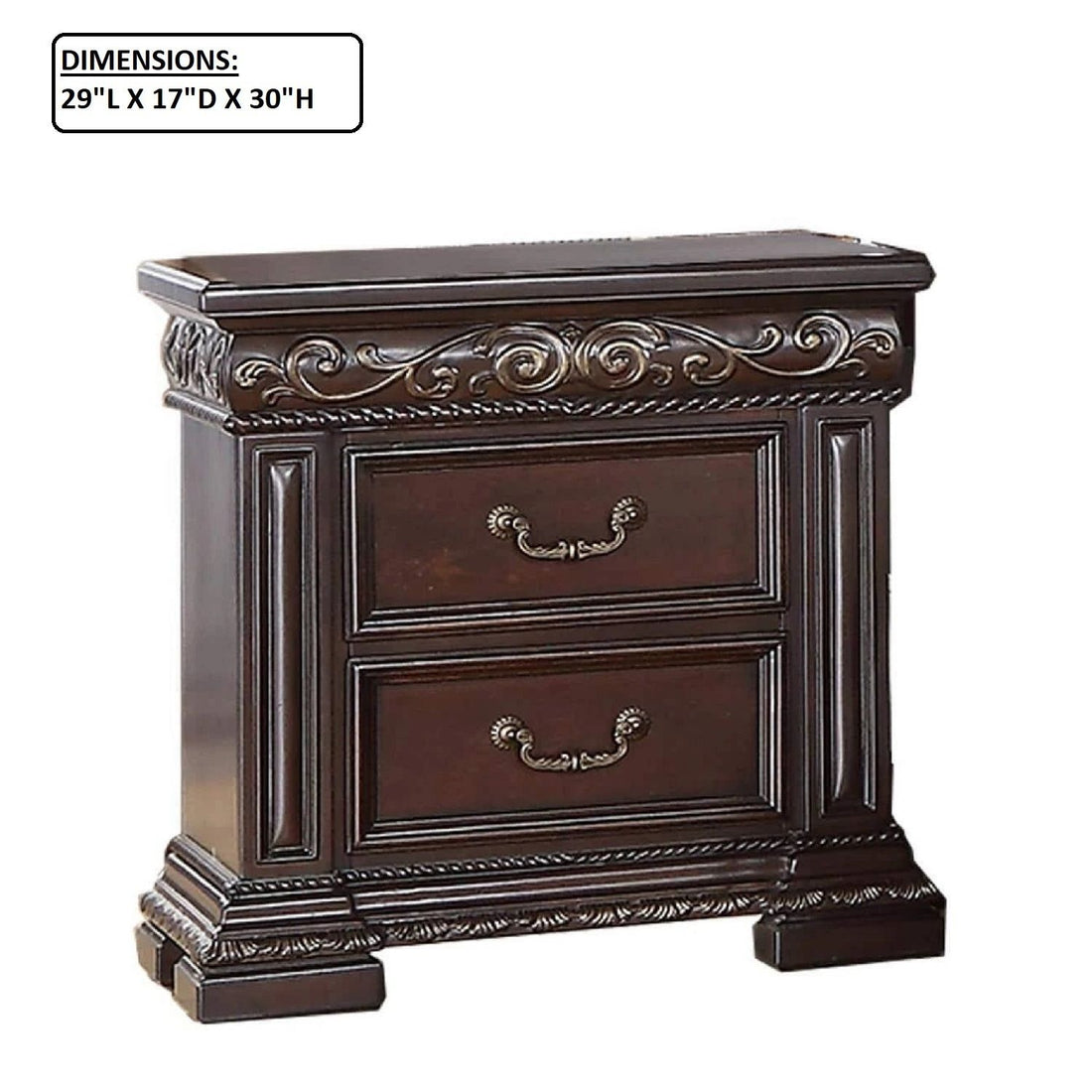 2 Drawer Nightstand, Carvings Bedside Table, Bedroom Furniture - Cherry