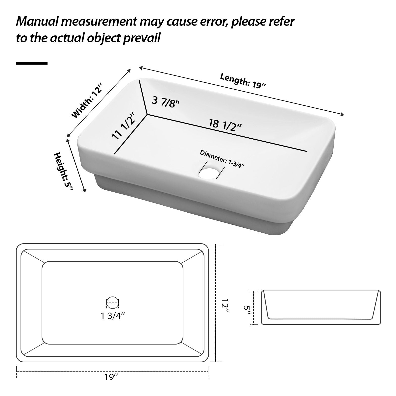 Semi Recessed Bathroom Sink With Countertop Vessel Design, 19&quot; X 12&quot; - White