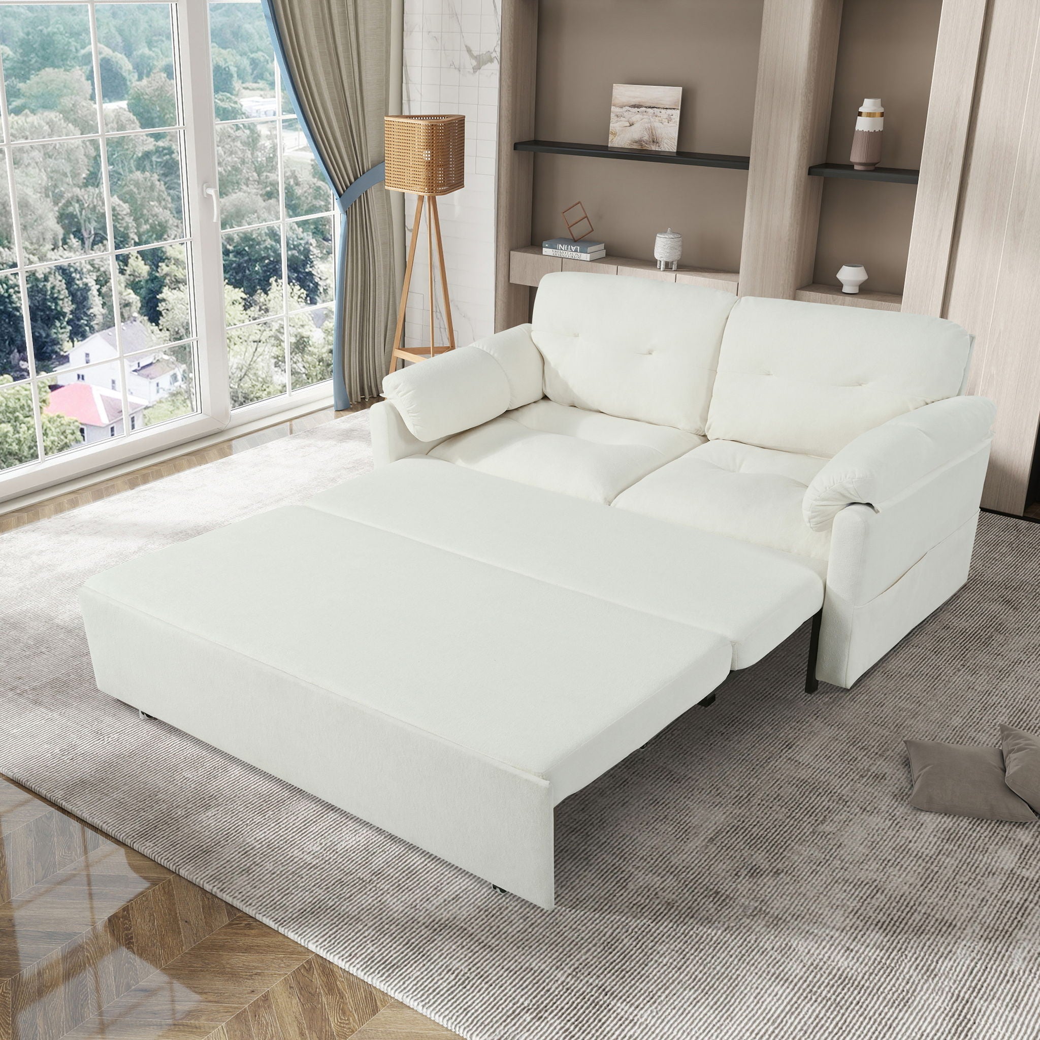 Modern Convertible Sleeper Sofa Bed With Pull-Out Queen Design, Side Storage &amp; Thick Cushions