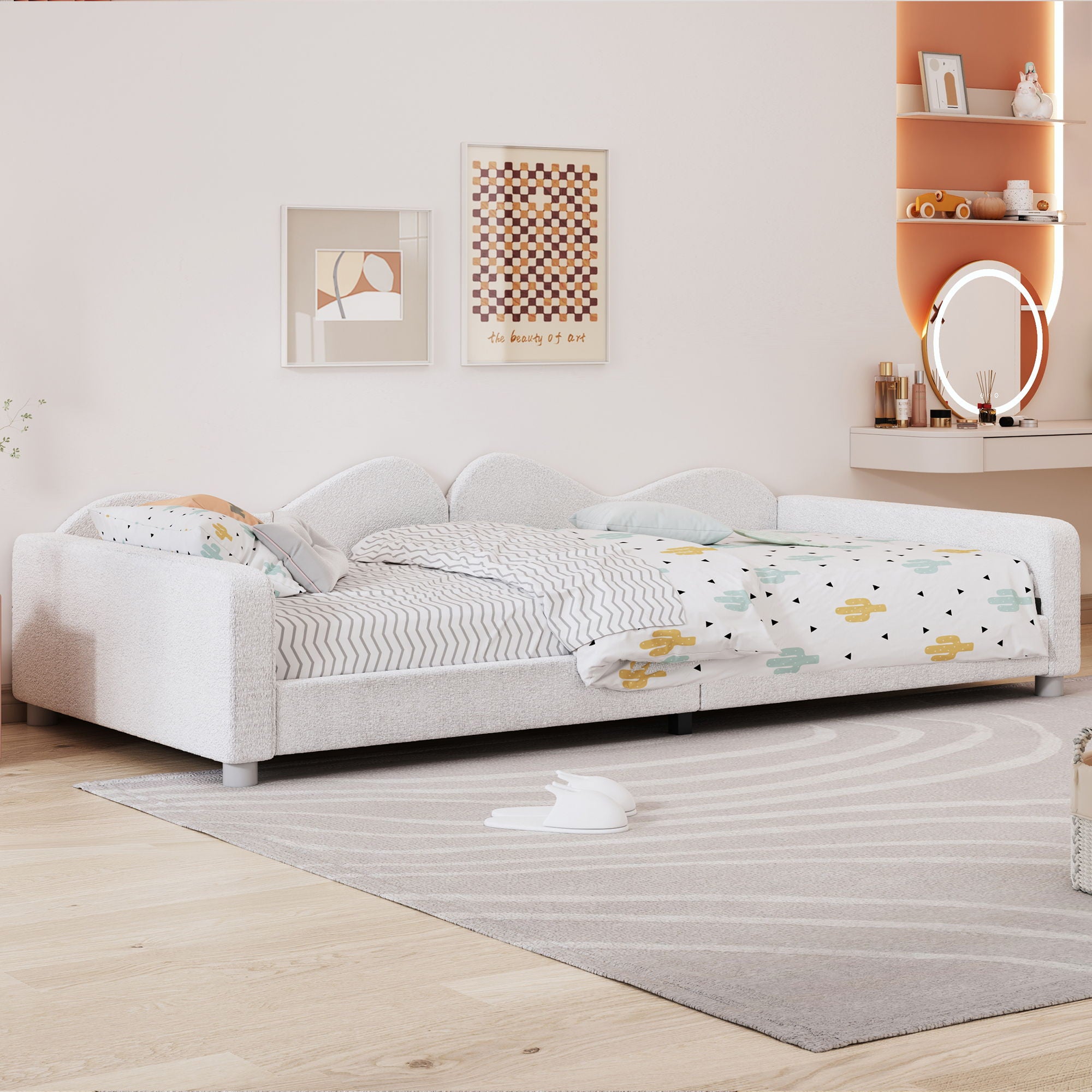 Upholstered Daybed, Sherpa Fabric Sofabed With Cloud-Shaped Backrest