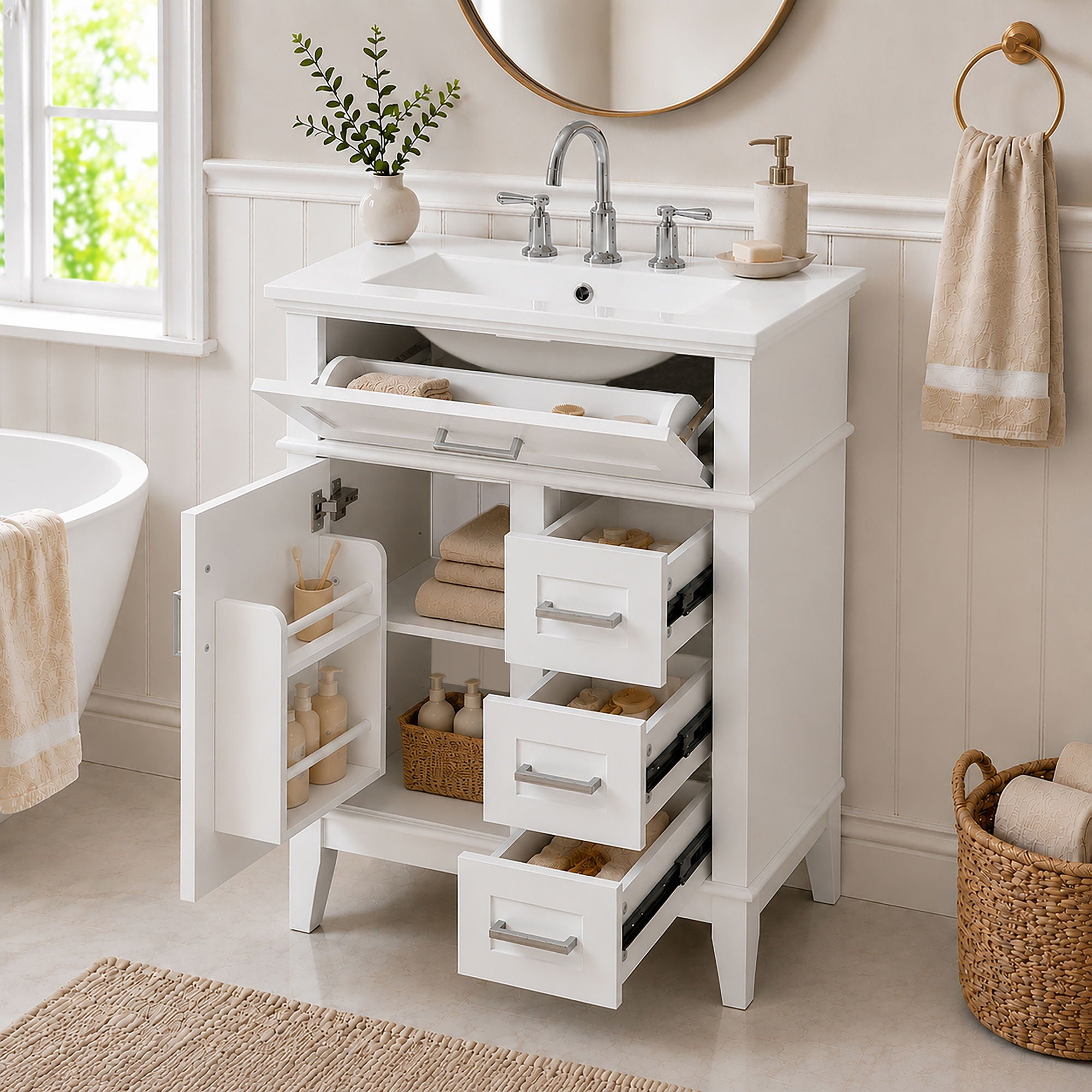 Modern Bathroom Vanity With Sink, Flip Drawer &amp; 3 Drawers, Soft Close Hinges, Adjustable Shelf