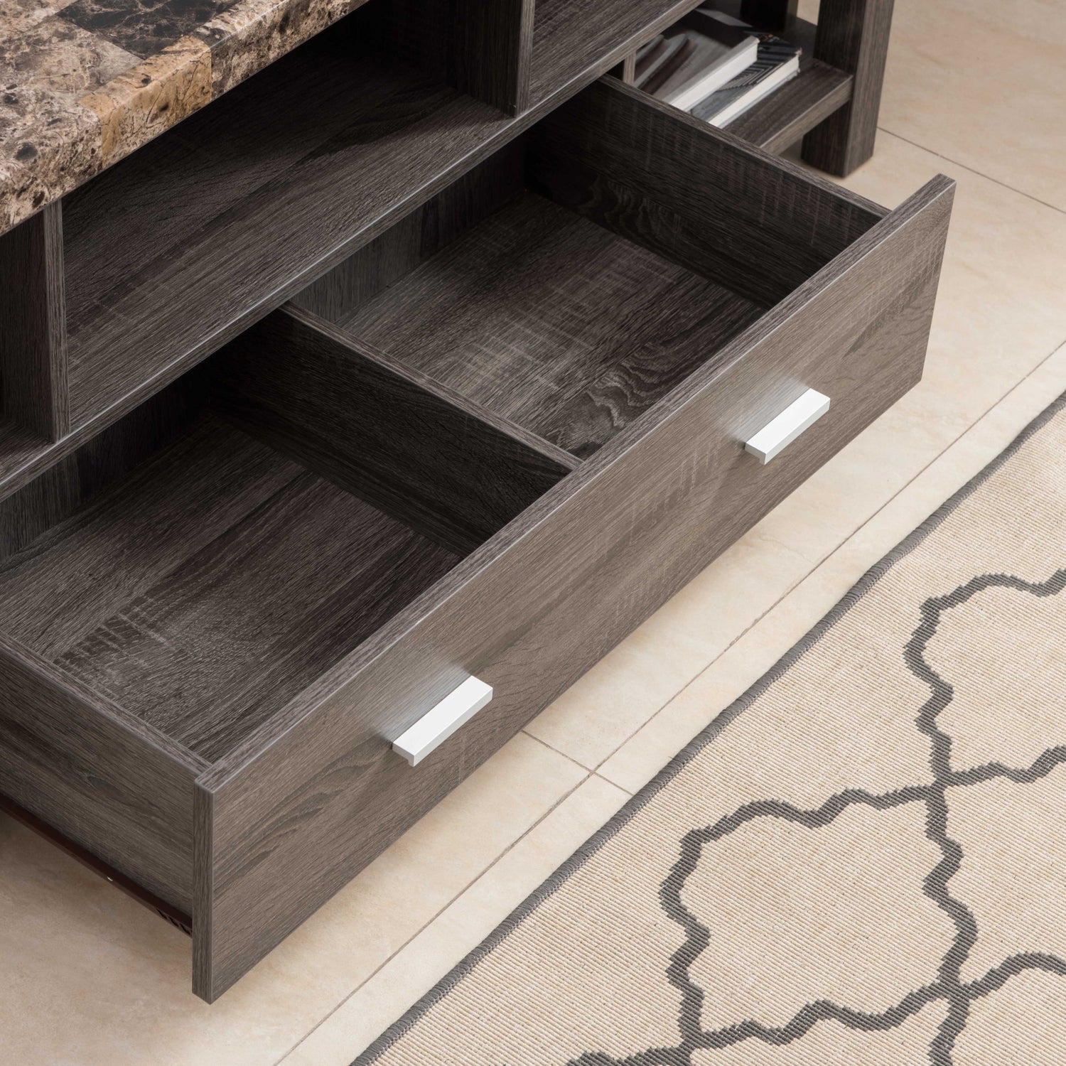 Home, Livingroom TV Stand With Drawer &amp; Five Open Shelves - Faux Marble YelloWith Distressed Gray