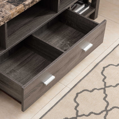 Home, Livingroom TV Stand With Drawer &amp; Five Open Shelves - Faux Marble YelloWith Distressed Gray