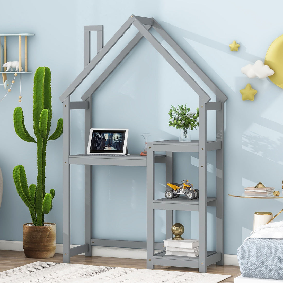 House-Shaped Wooden Writing Desk, Kids Study Table, Bookshelf &amp; Toy Storage