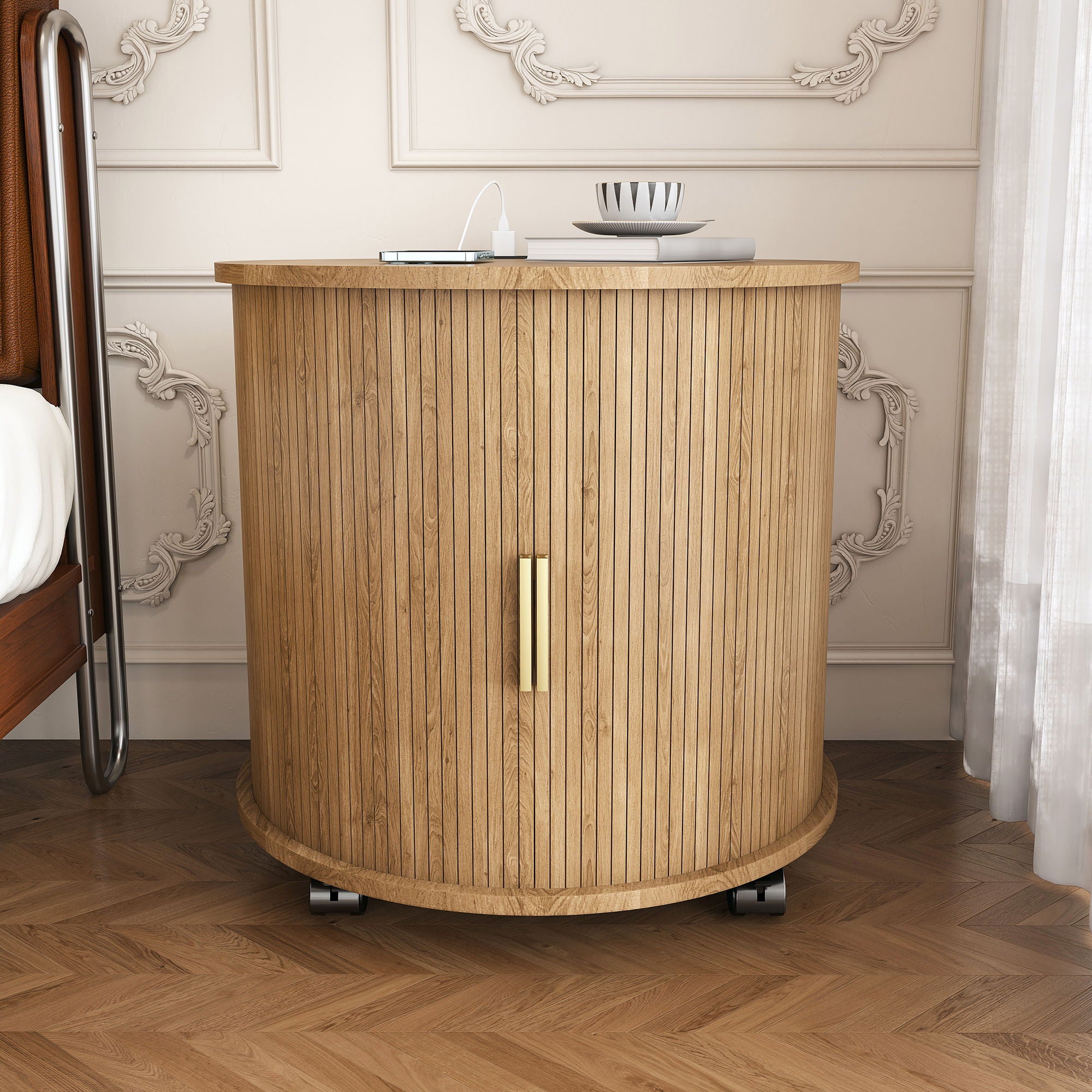 Cylinder Nightstand With Charging Station &amp; Sliding Door