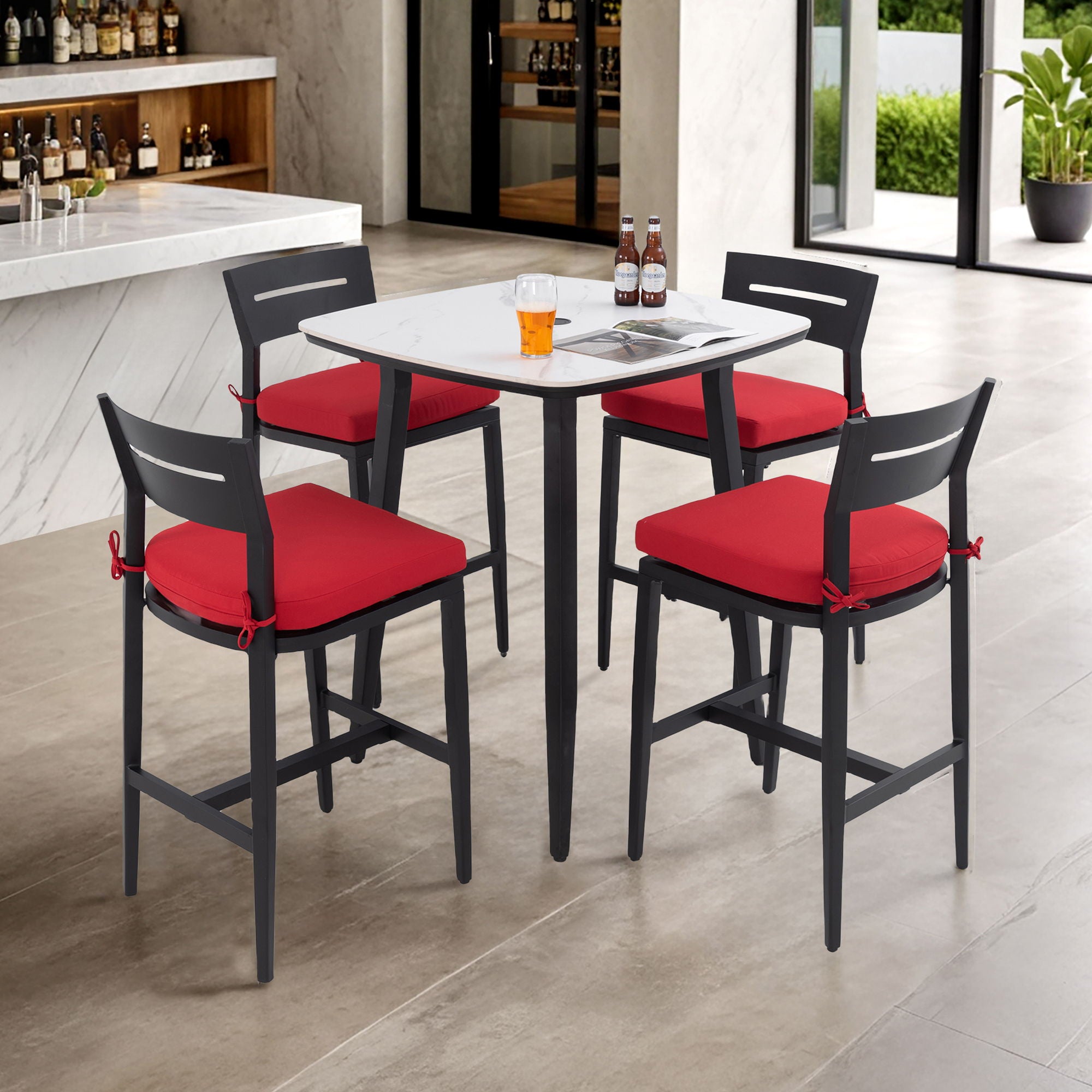 5 Pieces Outdoor Patio Bar Set, Rounded Square Table &amp; 4 Aluminum Bar Stools