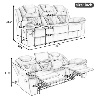 3 Pieces Recliner Sofa Sets Home Theater Seating Manual Recliner Chair &amp; Center Console And LED Light Strip For Living Room - Brown